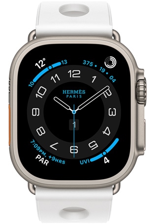 Apple Watch Hermès Ultra 3, titanium case, natural color, Hermès Circulaire watch face, complications: weather, activity rings, Paris time, UV index, Scub'H Diving band, blanc color