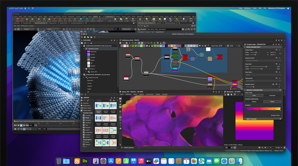 شاشة تعرض برنامج Adobe Substance Designer وبرنامج Houdini 3D يُستخدمان في التحرير على Mac Studio بشريحة M4 Max
