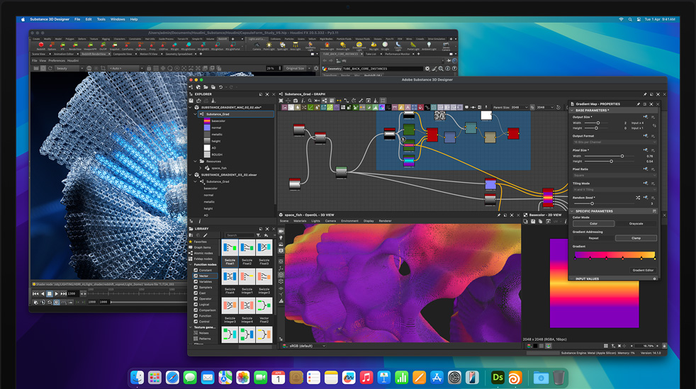 Screen of Adobe Substance Designer and Houdini 3D program being used to edit on M4 Max Mac Studio