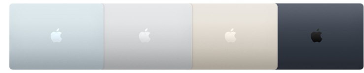 السطح الخارجي لأربعة موديلات من جهاز MacBook Air يبيّن أربعة ألوان مختلفة