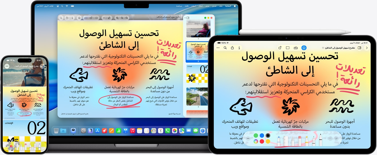 جهزة Apple متعددة، وتظهر الصورة نفسها على كل منها، وقد تم استخدام قلم Apple لإضافة تعليقات إلى الصورة في iPad، وتنعكس التعليقات نفسها على الأجهزة الأخرى