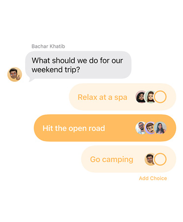 Polls feature in Messages with people in the groupchat voting for where to take a weekend trip