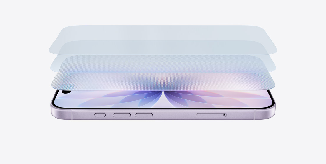 橫放的薰衣草紫色外觀 iPhone 17 的側面，以層疊設計展示陶瓷晶體護面 2