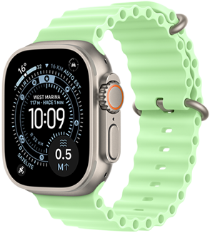Apple Watch Ultra 3, color natural, caja de titanio, carátula Orientación, complicaciones: Índice UV, Actividad, Satélite, Brújula, parte lateral derecha, Digital Crown, micrófono, botón lateral, correa Ocean, verde neón