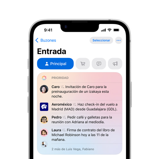 Vista parcial de la pantalla de un iPhone 16e que muestra mensajes prioritarios en Mail.