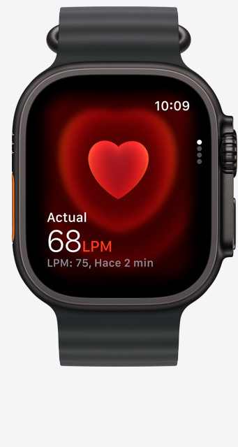 Apple Watch Ultra 3, caja de titanio negro, app Frecuencia Cardiaca, medición actual de latidos por minuto, correa Ocean, negra