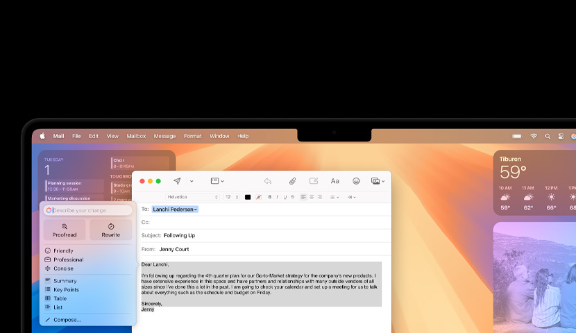Mac desktop with a business email featuring an Apple Intelligence prompt. Behind the email window is the Calendar widget.