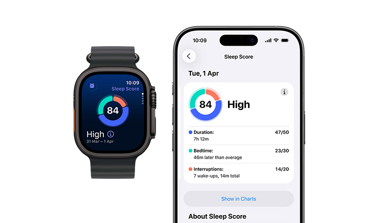 Apple Watch Ultra 3, titanium case, black color, sleep score circle graph and rating, left side exterior, Action button, right side exterior, Digital Crown, side button, Ocean Band, black color, full sleep analysis open on paired iPhone