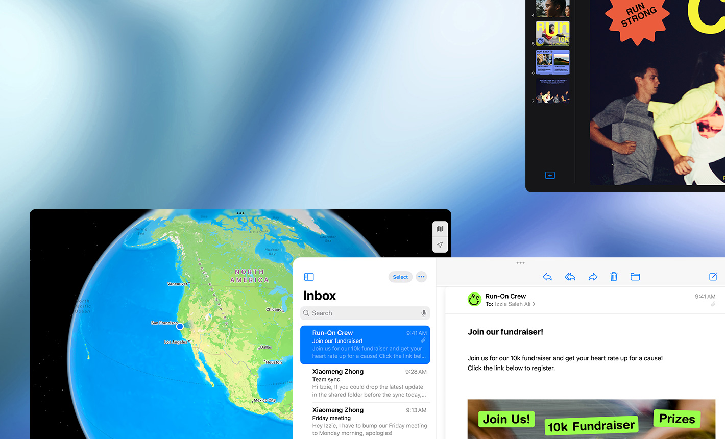 Multiple screens with different apps being used, landscape orientation