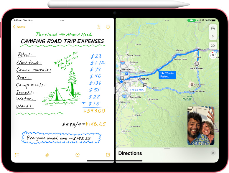 Maths Note in Maps with a FaceTime picture-in-picture on iPad.