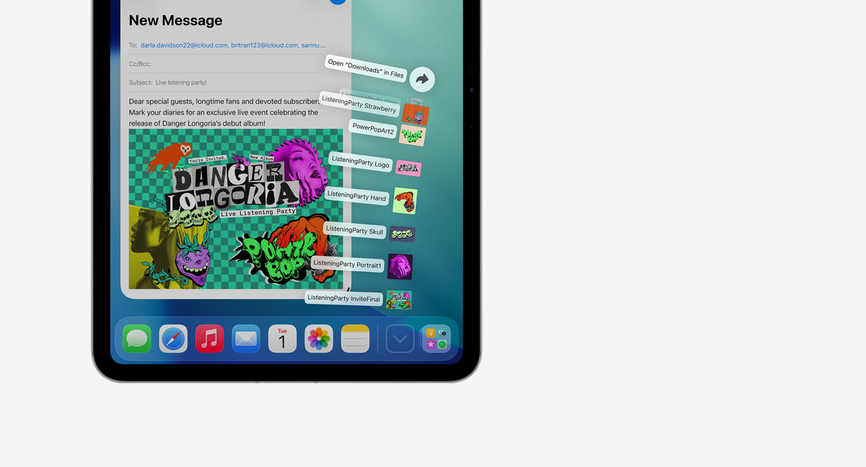 Close-up Apple device Dock app at bottom with a series of files fanning out vertically