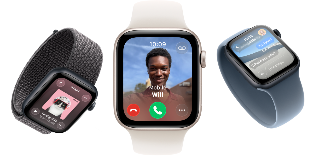 Apple Watch SE 3 devices, aluminum cases, starlight and midnight colors, Sport Loop, dark gray color, Solo Loop, light blush color, Solo Loop, anchor blue color, screens: Apple Music, incoming call, Messages
