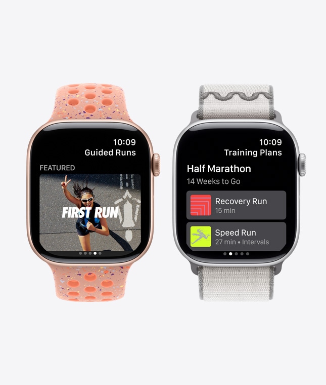 Urządzenia Apple Watch Series 11, aplikacja Nike Run Club, widoczne funkcje Biegi z audioprzewodnikiem i Plany treningowe