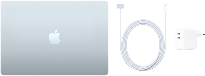 MacBook Air de 15 inchi, cablu USB‑C la MagSafe 3 și adaptor de alimentare compact pe port USB‑C dual de 35 W