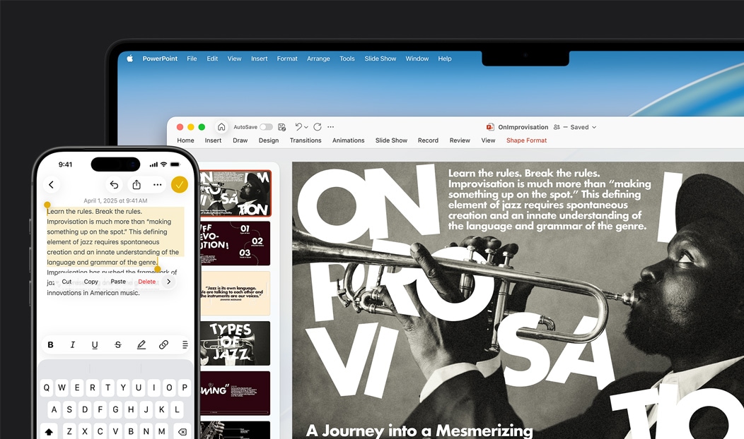 iPhone 16 Plus cu text evidențiat în aplicația Notițe, iar pe MacBook Pro este deschisă o prezentare Keynote; textul din aplicația Notițe este vizibil pe ecranul laptopului, în prezentare