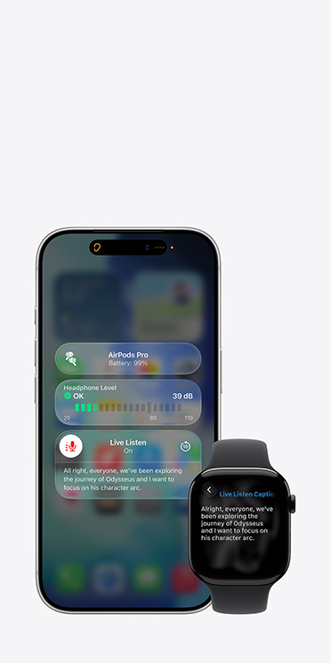 iPhone 17 Pro screen showing active Live Listen session with caption for captured audio and Apple Watch Series 11 screen showing Live Captions of the same captured audio