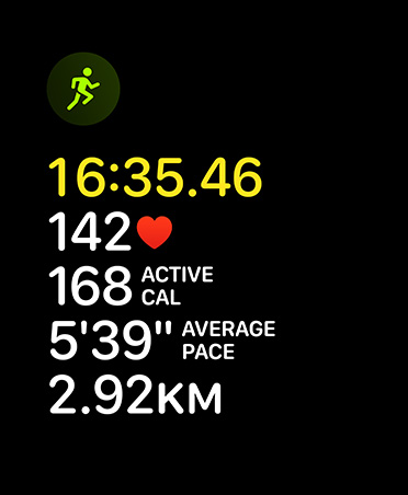Run workout card, running icon, metrics: time, heart rate, rolling pace, average pace, distance
