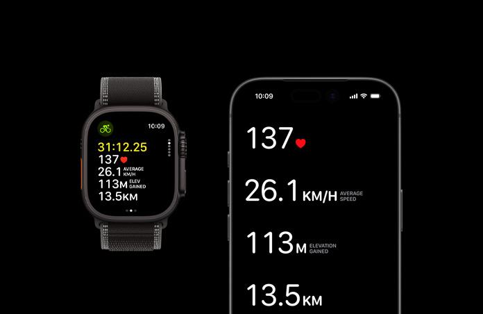 Apple Watch Ultra 3, black colour, titanium case, Trail Loop, black/charcoal colour,  iPhone, active workout metrics open on both devices