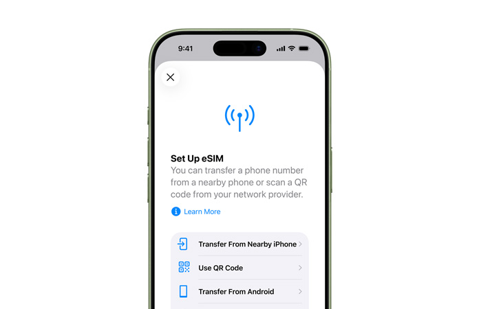 iPhone 17, front exterior, using the Set Up eSIM feature to easily transfer a phone number with eSIM