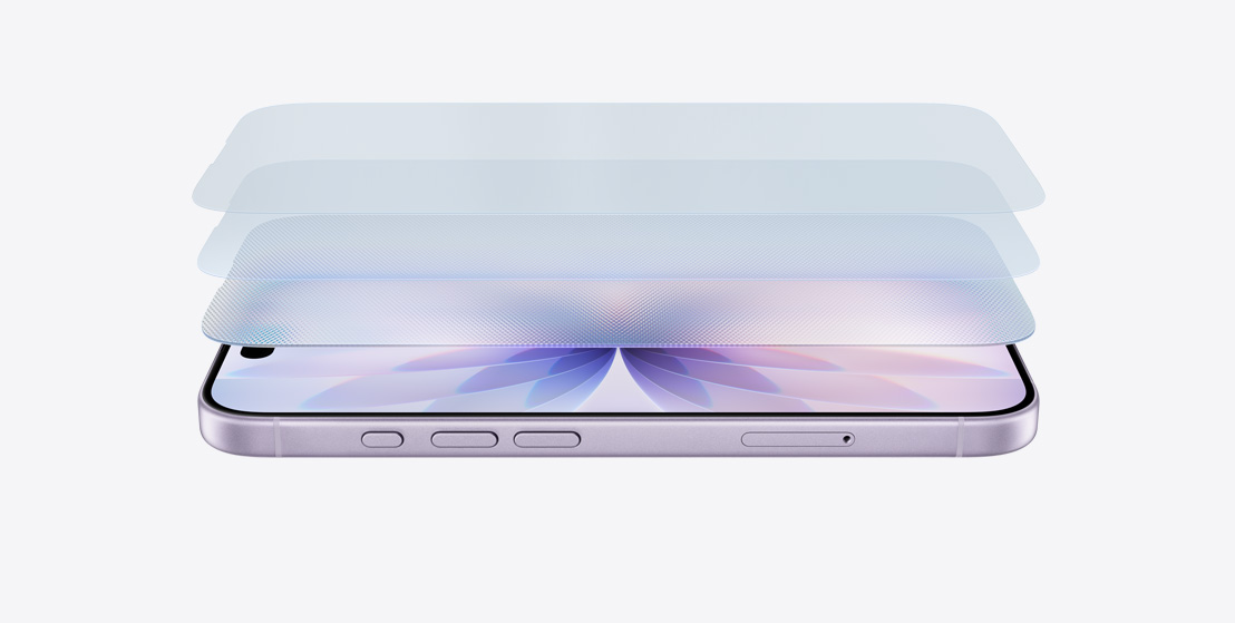 iPhone 17 horizontal on its side in Lavender finish, with a layered design showcasing Ceramic Shield 2