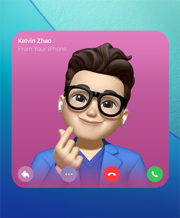 FaceTime Contact Poster, Genmoji in centre, person’s name top left, icons for reply, more options, hang up and pick up on the bottom