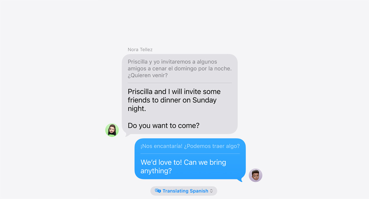 Live Translation in Messages, showing an example of automatic translation between Spanish and English