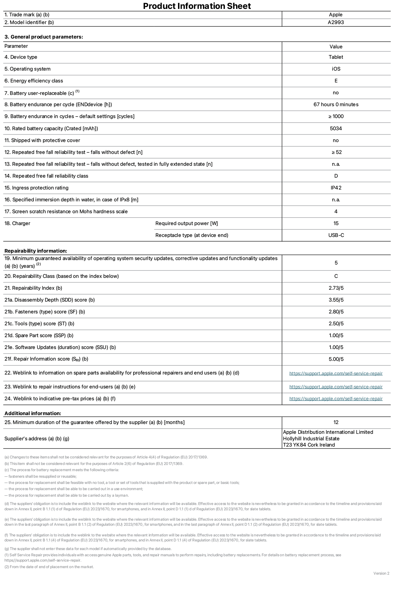 Product information sheet for iPad mini Wi-Fi, model A2993. Supplied by Apple Distribution International Ltd, Hollyhill Industrial Estate. Cork, Ireland T23 YK84. Device type: tablet. Operating system: iOS. Energy efficiency class: E. Battery user-replaceable: no. Battery endurance: 67 hours. Battery endurance in cycles: greater than or equal to 1000. Rated battery capacity: 5034 mAh. Repeated free fall reliability test - falls without defect: greater than or equal to 52. Repeated free fall reliability class: D. Ingress protection rating: IP42. Screen scratch resistance on Mohs hardness scale: 4. Charger required output power: 15 W. Charger receptacle type: USB-C. Minimum guaranteed availability of operating system security updates, corrective updates and functionality updates: 5 years. Repairability Class: C. Repairability Index: 2,73/5. Disassembly Depth score: 3,55/5. Fasteners score: 2,80/5. Tools score: 2,50/5. Spare Part score: 1,00/5. Software Updates score: 1,00/5. Repair Information score: 5,00/5. Weblink to information on spare parts availability for professional repairers and end users: https://support.apple.com/self-service-repair. Weblink to repair instructions for end-users: https://support.apple.com/self-service-repair. Weblink to indicative pre-tax prices: https://support.apple.com/self-service-repair. 12-month general guarantee offered.