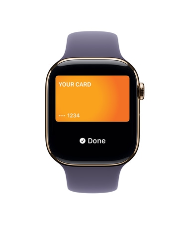 Apple Watch Series 11, titánový kryt v zlatej farbe, Apple Pay, pohľad zvonku na pravú stranu, korunka Digital Crown, športová slučka vo farbe fialová hmla