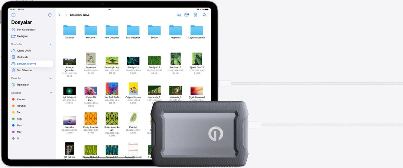 Harici sabit sürücüye bağlanmış iPad Air