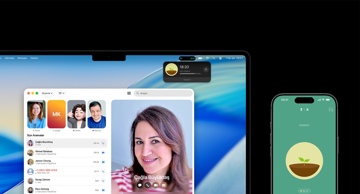 MacBook Pro ve iPhone yan yana duruyor, MacBook Pro ekranında Telefon uygulaması ve Forest uygulamasından Canlı Etkinlikler, iPhone’da ise Forest uygulaması gösteriliyor