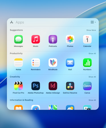 Hizmet, Sosyal Medya, Üretkenlik ve Finans, Eğlence, Bilgi ve Okuma kategorilerindeki uygulamaları gösteren Spotlight gezinme menüsü