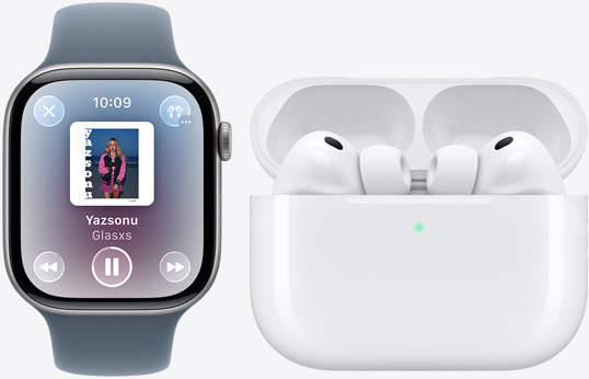 Apple Watch Series 11, Apple Music uygulaması, şu an çalınan, AirPods Pro 3, beyaz, kulaklık, silikon kulaklık uçları, mikrofon, MagSafe Şarj kutusu, açık, köşeleri yuvarlatılmış