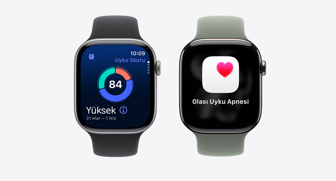 İki Apple Watch Series 11, uyku skoru ekranı, olası uyku apnesi bildirimi