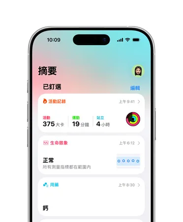 iPhone 上已釘選的健康摘要