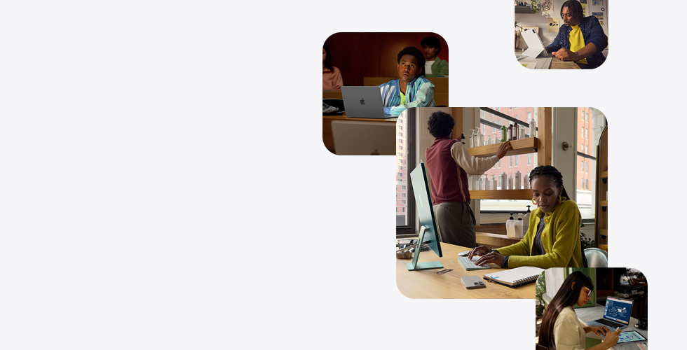 不同人士使用 Apple 產品來學習、工作、設計和繪畫。