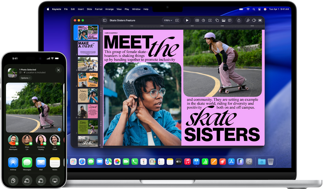 iPhone 16 Plus 展示打開的照片 app，13 吋 MacBook Air 展示打開的 Keynote 幻燈片，幻燈片上可看到 iPhone 上的同一張照片