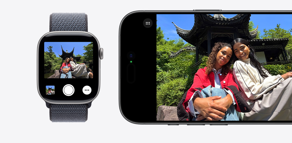 Apple Watch Series 11 展示相機遙控器，相機觀景窗顯示照片預覽；iPhone 17 展示相機觀景窗的照片預覽