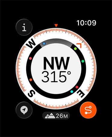 Функція «Пройдений маршрут», показники: компас, висота, позначені точки маршруту