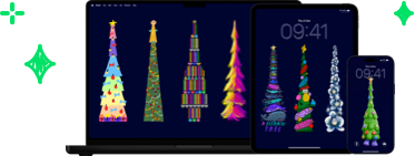 A Mac, iPad and iPhone showing wallpaper backgrounds of Christmas tree drawings