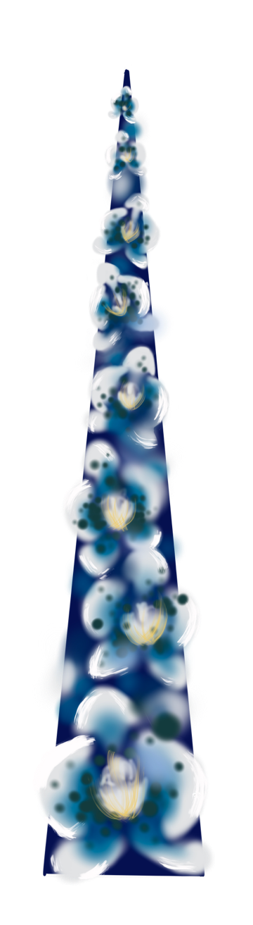 A richly patterned tree formed of blue, white and purple flowers.