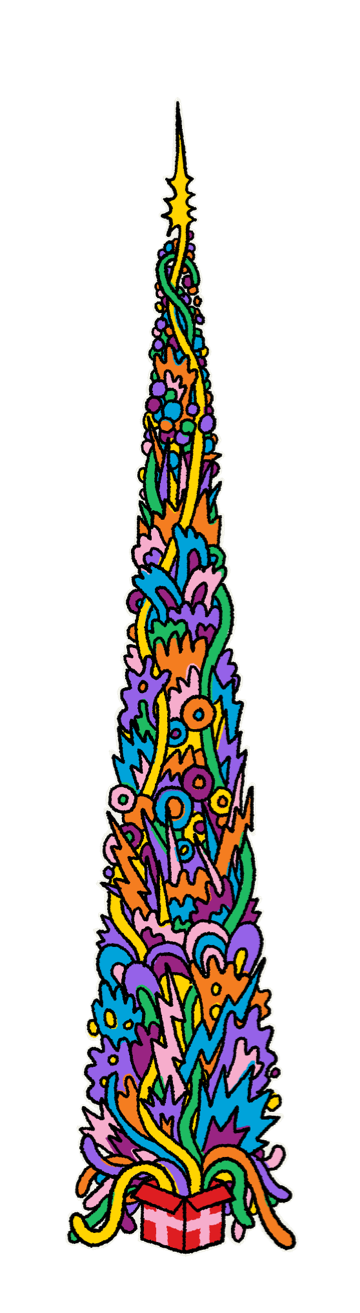 A tree made up of colourful, worm-like squiggles, snaking out and up from a pink and red pot.