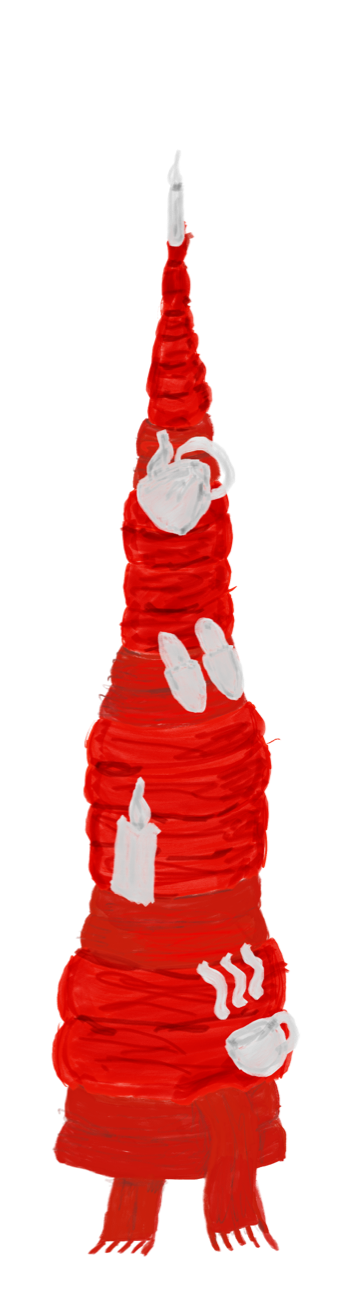 A quirky tree composed of one tightly wrapped red scarf, and decorated with household items such as a kettle, candle and pair of slippers.