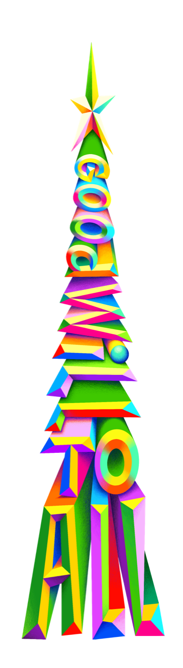 A cheer-inducing tree composed of multicoloured letters, spelling out the words 'good will to all'.