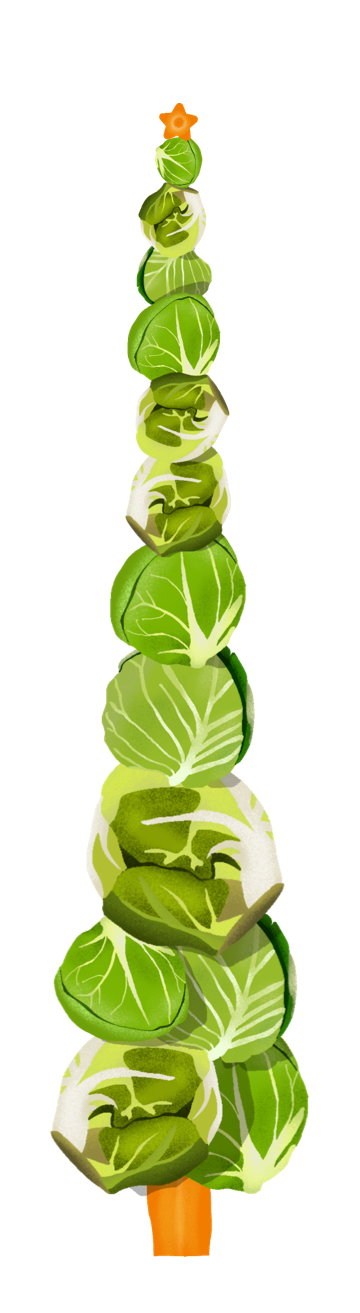 A quirky tree composed entirely of Brussels sprouts, piled on top of one another.