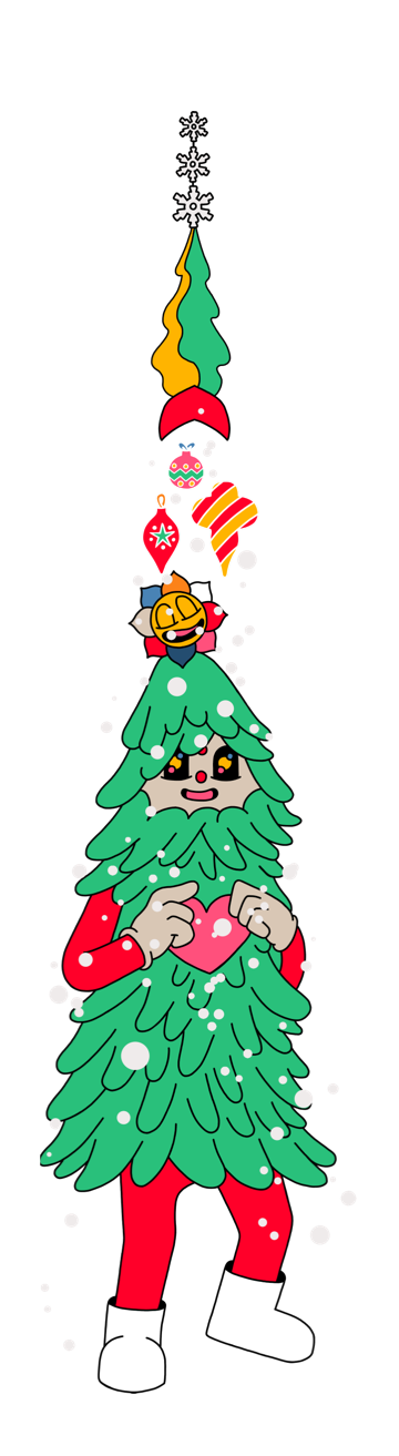 A tree with legs, arms and a face peeking through the branches, and an elaborate headpiece on top.