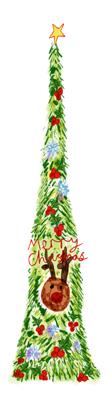 A shaggy green tree with a red-nosed reindeer looking out through its pine needles.