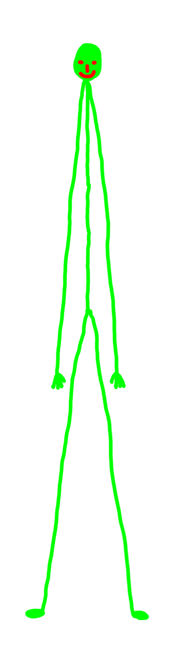 A tall stick figure tree with a smiley green dot for a head.