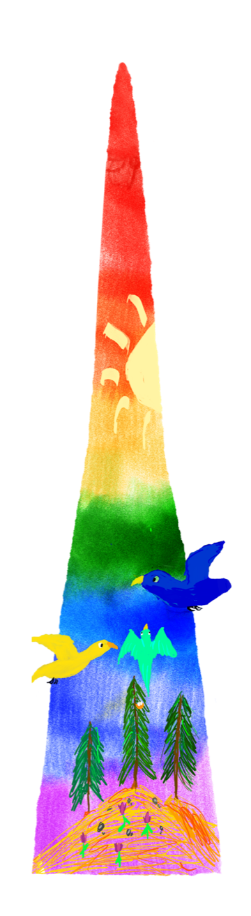 A rainbow-coloured tree featuring a yellow sun, three little birds and its own miniature forest.