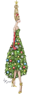 A twinkly tree with multicoloured baubles, worn as an evening gown by an elegant woman in long red gloves.