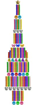 A candelabra-style tree composed of multiple lines, beads and symbols in an array of bright colours.
